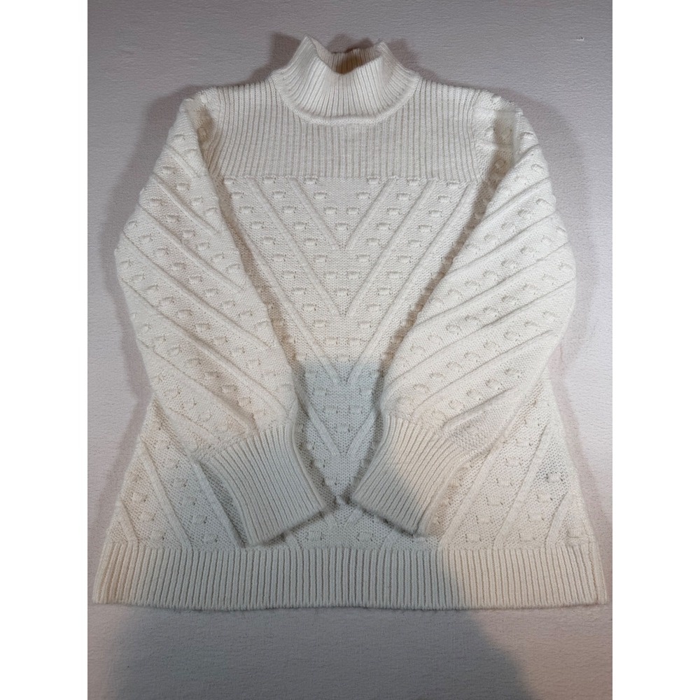 Calvin Klein Womens Cream Mock Neck Chevron Cable Popcorn Knit Sweater Medium